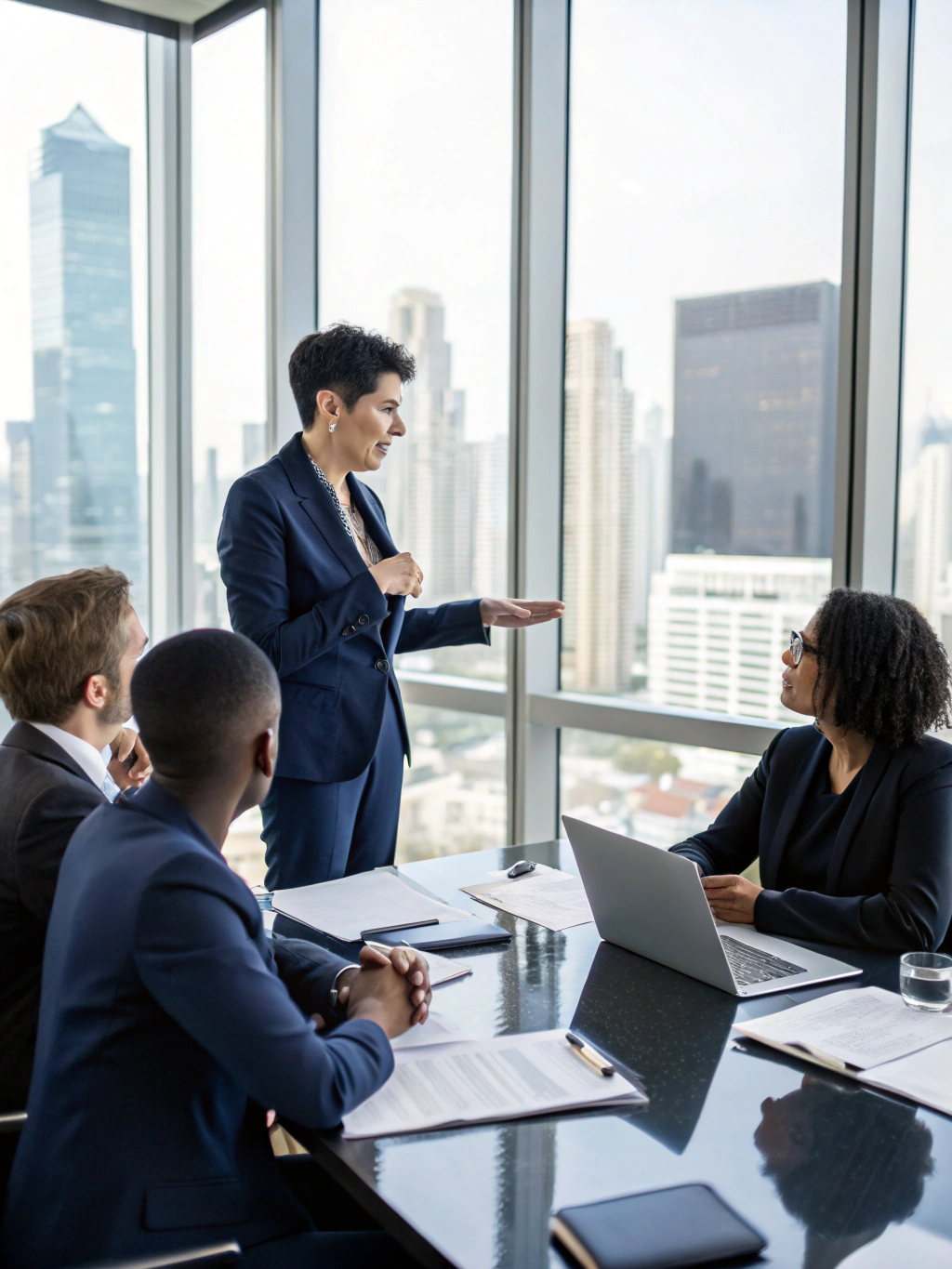 Deniz Oz advising global corporate leaders in a boardroom